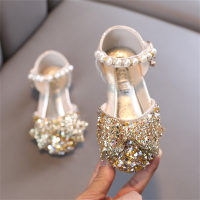 Children's bow rhinestone princess style leather shoes  Gold-color
