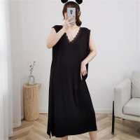 300 Jin Large Size Loose Sexy Lace V-neck Thin Sleeveless Vest Pajama Dress  Black
