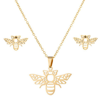 Accesorios de joyería de estilo coreano, collar con colgante de abeja animal de origami hueco de lujo ligero, conjunto de joyería de tres piezas de acero inoxidable