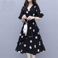 Polka dot plus size dress is loose and covers the belly  Black