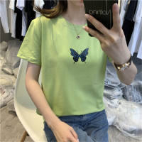 Camiseta mujer manga corta mariposas  Verde