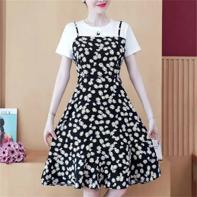 Women's Daisy Patchwork Fake Two-Piece Floral Dress Set