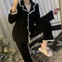 2-teiliges Pyjama-Set mit Rüschen und langen Ärmeln für Damen  Schwarz