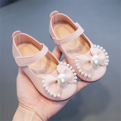 Pearl bow children's leather shoes