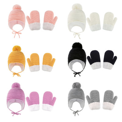 2-piece Baby Solid Color Ear Flaps Pom Pom Hat & Matching Mittens