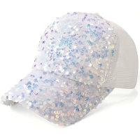 Ladies summer versatile fashion sequin breathable mesh hat sun protection cap  White