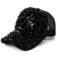 Damen Sommer vielseitige Mode Pailletten atmungsaktive Mesh-Hut Sonnenschutzkappe  Schwarz