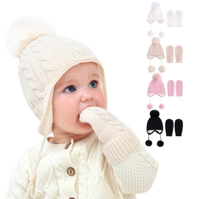 Baby Toddler Solid Color Pom Pom Decor Ear Flap Cable Knitted Thick Hat