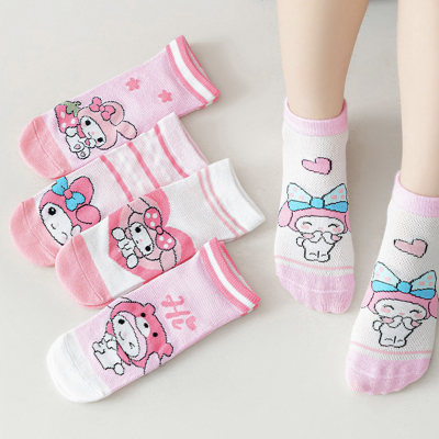 5PCS Girls Melody Cartoon Spring Cotton Socks Mesh Thin Breathable Cotton Socks 5 Pairs