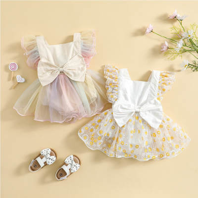 Baby Floral Gradient Bow Decor Lace Mesh Sleeveless Dress