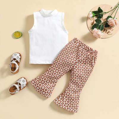 Toddler Girls Cotton Floral Plaid Solid Top & Flared Pants