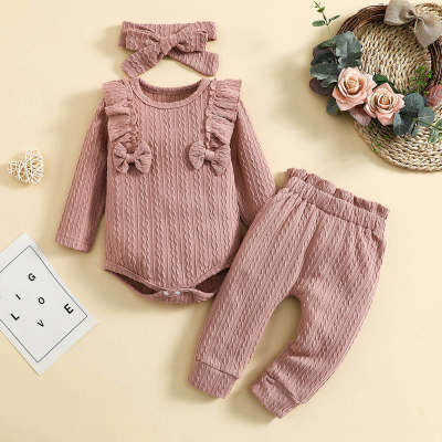 Baby Solid Color Long Romper & Pants With Headband