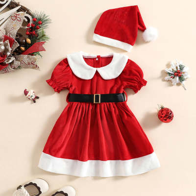 Toddler Christmas Color-block Lapel Dress With Hat