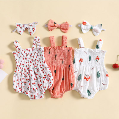 Baby Girl 2 Pieces Floral Cherry Pattern Sleeveless Triangle Romper & Headband