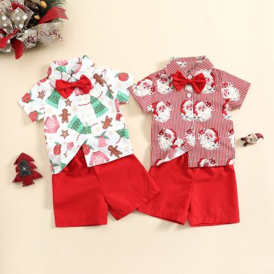 Baby Boy 3 Pieces Christmas Pattern Short-sleeve Shirt & Pants & Bow