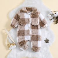 Baby Boy Plaid Pattern Fluffy Fleece Jumpsuit  Light Gray