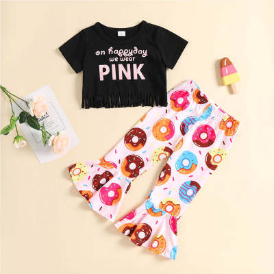 Top y pantalones de bloque de color con letras de algodón para niñas pequeñas