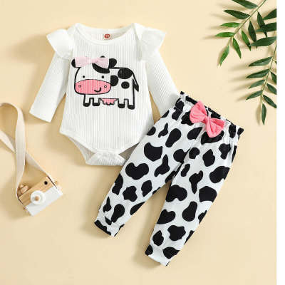 Baby Cattle Printed Ruffled Sleeve Romper & Bowknot Decor Pants