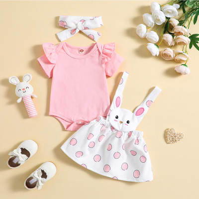 Baby Girl 3 Pieces Rabbit Applique Solid Color Bodysuit & Polka dot Suspender Skirts & Headband