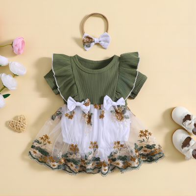 2-piece Baby Girl Ribbed Floral Mesh Patchwork Short Ruffled Sleeve Romper & Headwrap