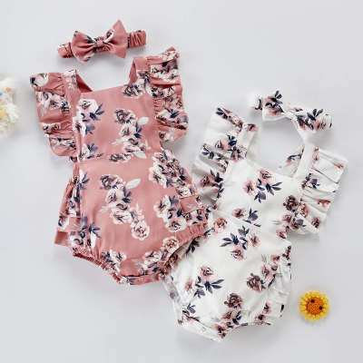 Baby Girl 2 Pieces Floral Pattern Ruffle-sleeveless Bodysuit & Headband