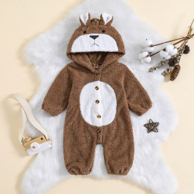 Baby Bear Pattern Hooded Fluffy Fleece Jumpsuit