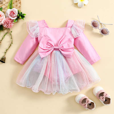 Baby Girl Ruffled Gradient Color Mesh Patchwork Square Neck Bowknot Decor Skirted Long Sleeve Romper