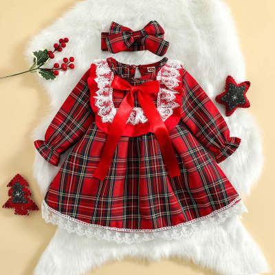 Toddler Christmas Plaid Color-block Dress with Headband
