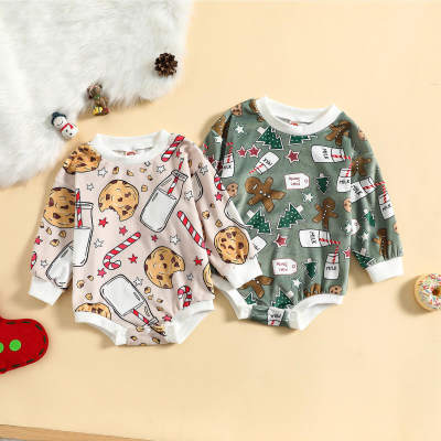 Baby Christmas Allover Cookies and Milk Bottle Pattern Long Sleeve Romper