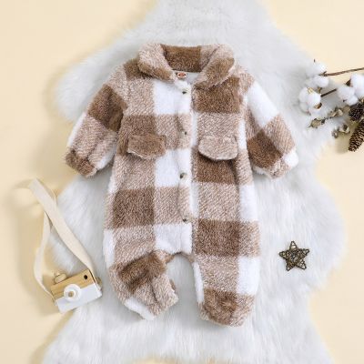 Baby Boy Plaid Pattern Fluffy Fleece Jumpsuit
