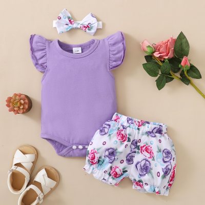 Baby Solid Color Romper & Floral Short with Headband