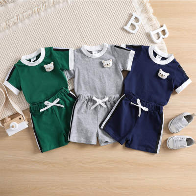 Baby Boy 2 Pieces Sporty Color-Block Applique Bear Decor T-Shirt & Shorts