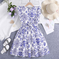 Spring and summer new printed sleeveless lace princess dress  Blue