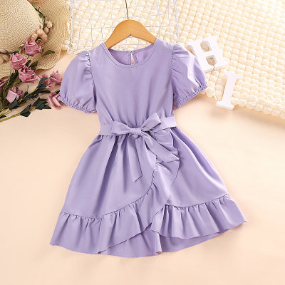2-piece Toddler Girl Solid Color Ruffled Short Puff Sleeve Dress & Bowknot Belt