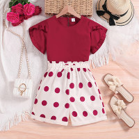 Red short-sleeved top and polka dot shorts two-piece set  Red