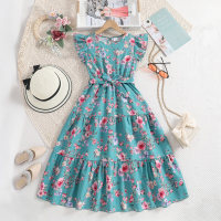 New style summer style flying sleeve printed princess dress  Blue