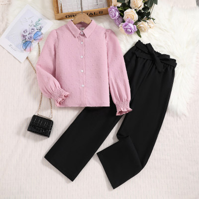 2-piece Kid Girl Solid Color Long Sleeve Shirt & Matching Pants