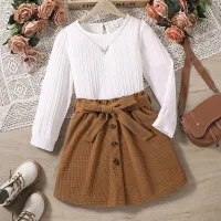 2-piece Kid Girl Round Neck Long Sleeve Top & Button Front Skirt  White