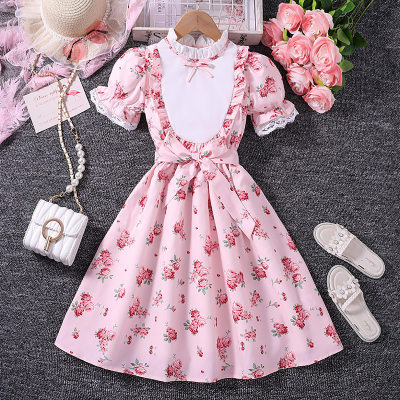 Pink Rose Puff Sleeve Lace Dress Belt 2 Pieces
