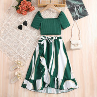 Short Sleeve Square Neck Top Striped Ruffle Skirt  Green