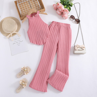 Pink halterneck sleeveless top and pants two-piece set