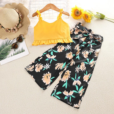 2-piece Toddler Girl Solid Color Cami Top & Allover Floral Printed Pants