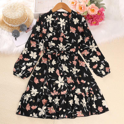 Kid Girl Allover Floral Printed Ruffled Bowknot Belted V-neck Long Sleeve Dress
