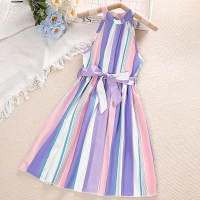 Kid Girl Color-block Striped Halted Neck Sleeveless Dress  Purple