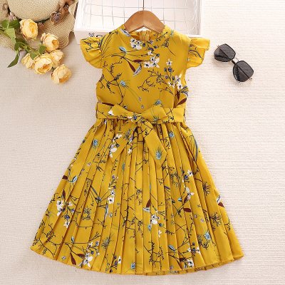 Toddler Girl Allover Floral Printed Bowknot Belted Fly Sleeve Pleated Dress