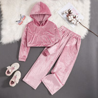 2-piece Kid Girl Solid Color Hoodie & Matching Pants  Pink