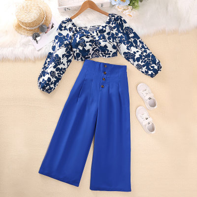 2-piece Kid Girl Allover Floral Printed Square Neck Long Sleeve Top & Solid Color Button Front Loose Pants