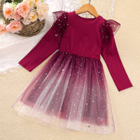 Toddler Girl Gradient Color Star Pattern Mesh Patchwork Long Sleeve Dress  Red