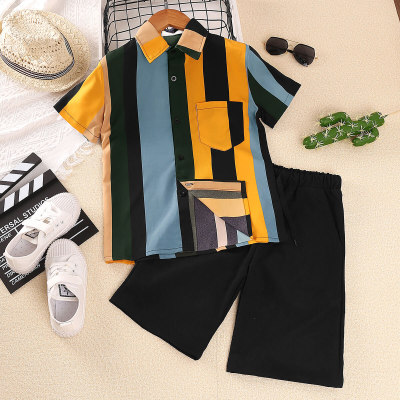 Boy Summer Stripe Colorblock Leisure T-shirt & Shorts