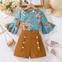 Printed flared short-sleeved brown shorts fashionable two-piece suit  Brown